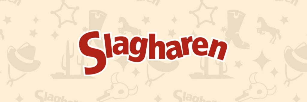 Logotipo "Slagharen" sobre fondo crema con iconos sutiles de temática western (estrellas, botas, caballo, calavera de vaca)