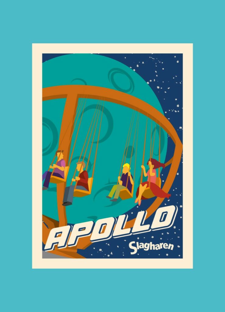 Cartel ilustrado "Apollo" con una atracción de columpios voladores bajo un cielo estrellado