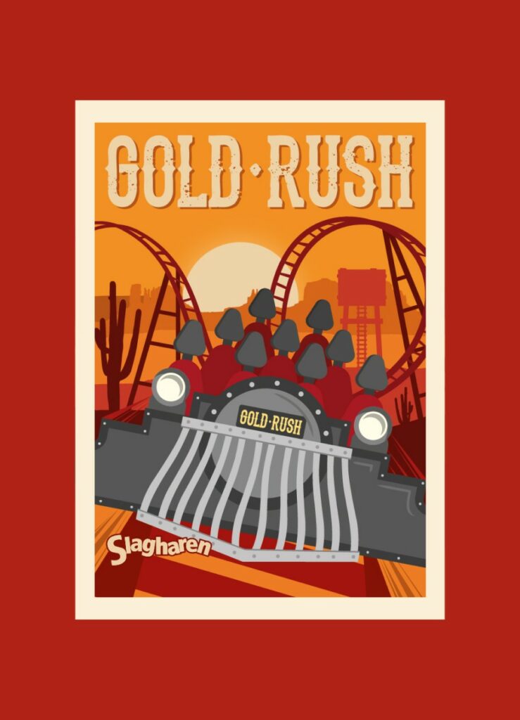 Cartel ilustrado "Gold Rush" con una montaña rusa en forma de vagón minero y un pueblo del salvaje oeste