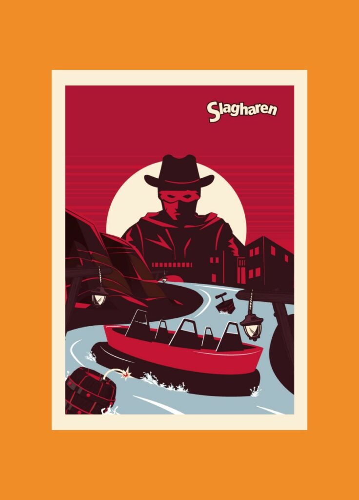 Cartel ilustrado de una figura de vaquero misteriosa en una atracción acuática de rápidos al atardecer