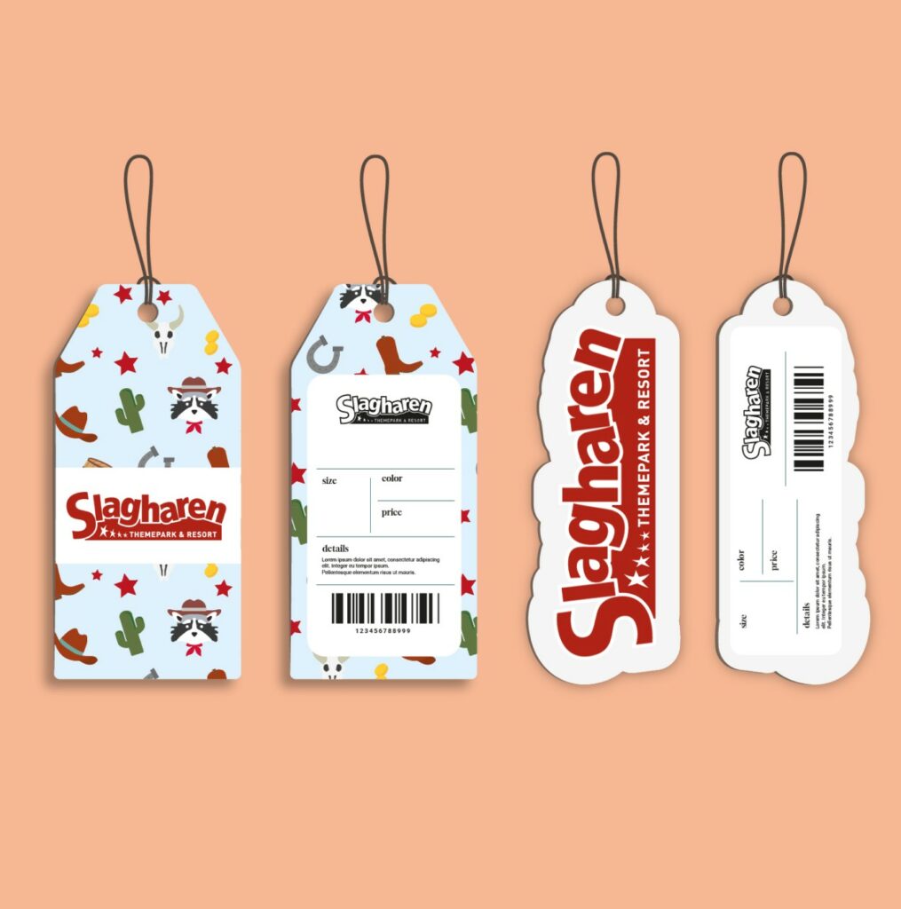 Etiquetas de producto con el logotipo "Slagharen Themepark & Resort", patrón de iconos western y código de barras