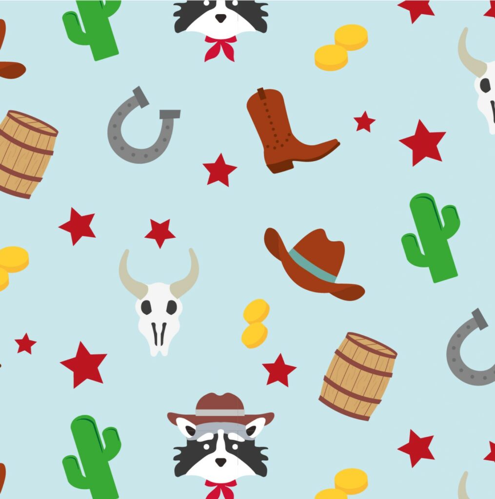 Patrón repetido con un personaje mapache, calavera de vaca, cactus, herradura, botas, barriles, monedas y estrellas