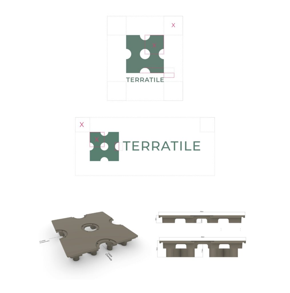 Variaciones del logotipo de Terratile junto a una maqueta de la baldosa de material reciclado