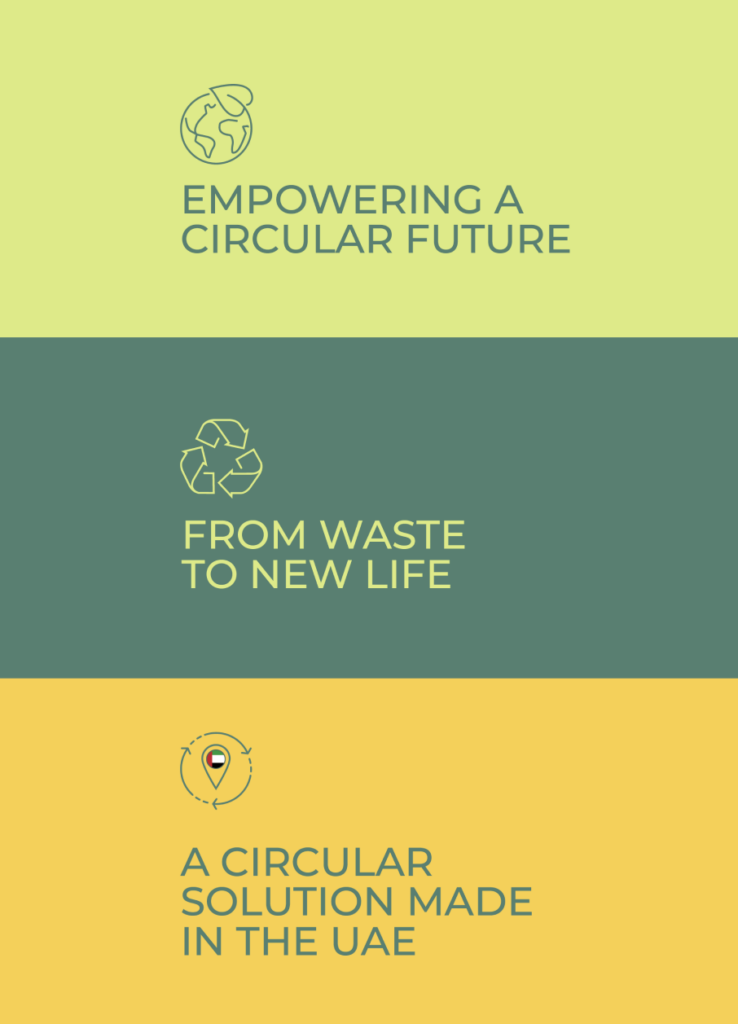 Panel informativo sobre el futuro circular, con iconos sobre reciclaje y sostenibilidad
