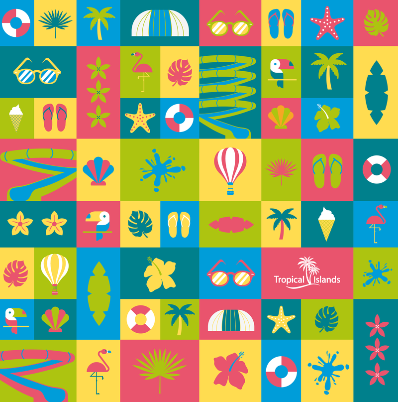 Patrón de iconos tropicales (tucán, flamenco, globo aerostático, gafas de sol, hojas) en rosa, amarillo, verde y azul, con el logotipo Tropical Islands