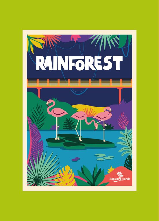 Cartel ilustrado "Rainforest" con flamencos junto a un estanque bajo una pasarela elevada