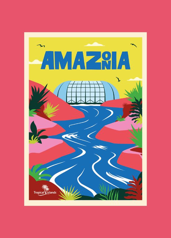Cartel ilustrado "Amazonia" con un río serpenteante ante la cúpula del parque, sobre fondo amarillo