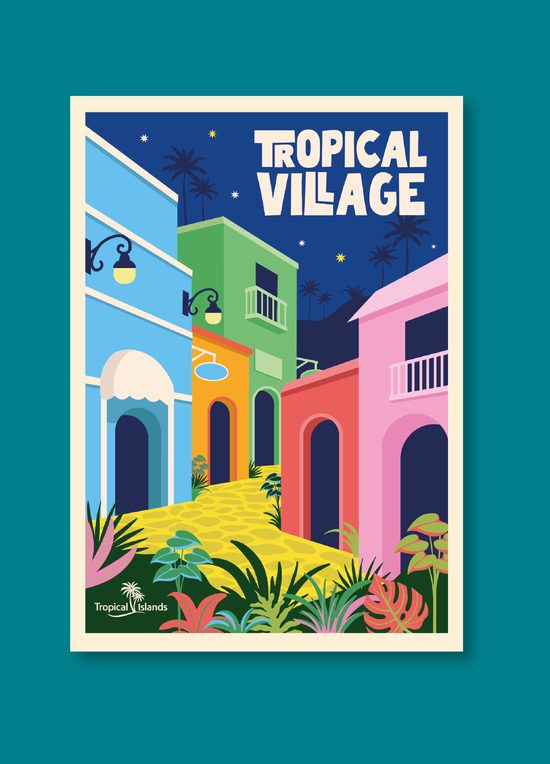 Cartel ilustrado "Tropical Village" con una calle de casas de colores bajo un cielo estrellado