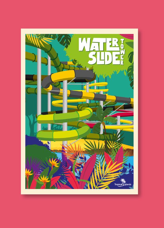 Cartel ilustrado "Water Slide Tower" con una torre de toboganes entrelazados entre vegetación tropical