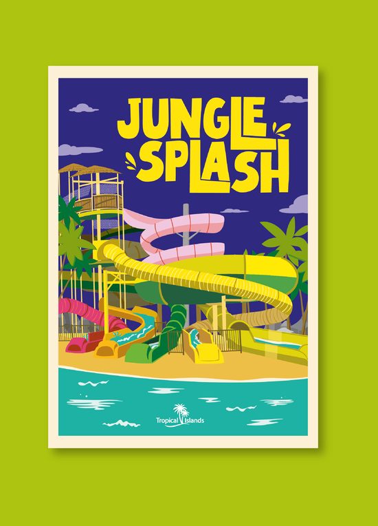Cartel ilustrado "Jungle Splash" con varios toboganes de agua junto a una piscina, de noche