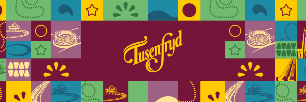 Banner con el logotipo de Tusenfryd sobre un patrón medieval de escudos y castillos