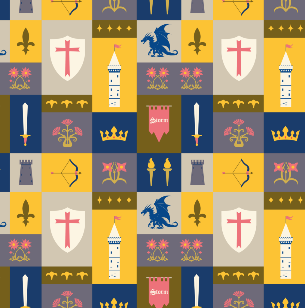 Patrón repetido de escudos, espadas y castillos en tonos azules y dorados