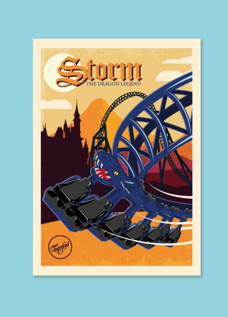 Cartel ilustrado de la atracción “Storm”, una montaña rusa nocturna
