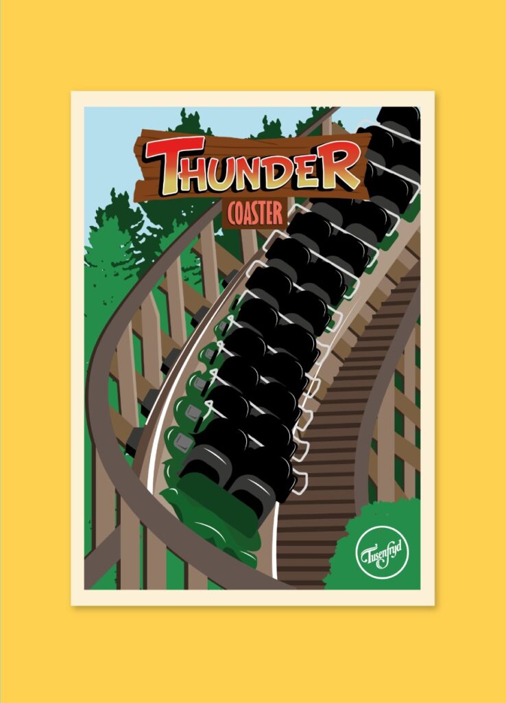 Cartel ilustrado de la atracción “Thunder”, una montaña rusa entre bosques