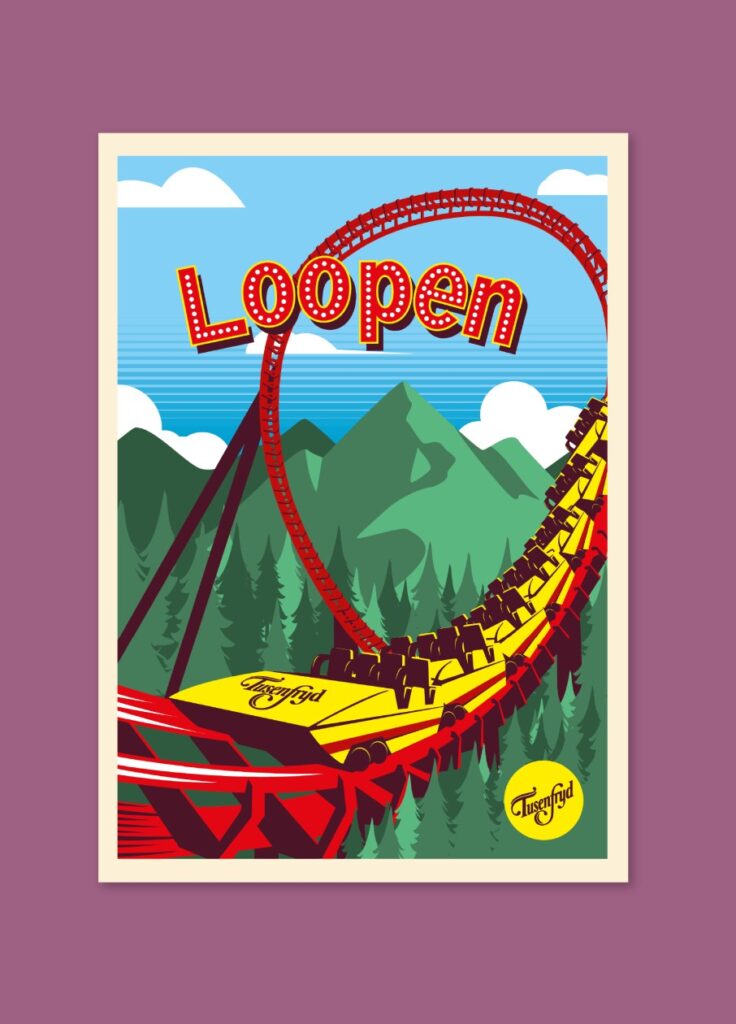 Cartel ilustrado de la atracción “Loopen”, una montaña rusa con looping en rojo