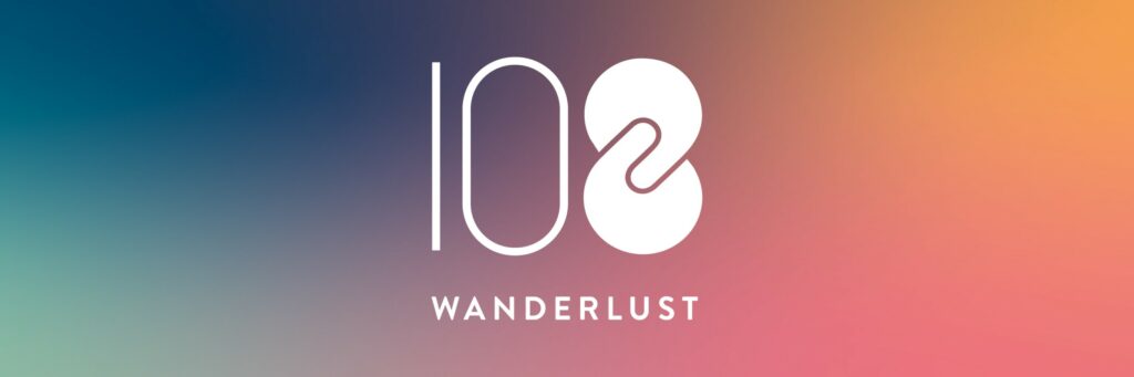 Logotipo 108 Wanderlust: el número 108 con el 8 en forma de infinito entrelazado, sobre fondo degradado azul, naranja y rosa