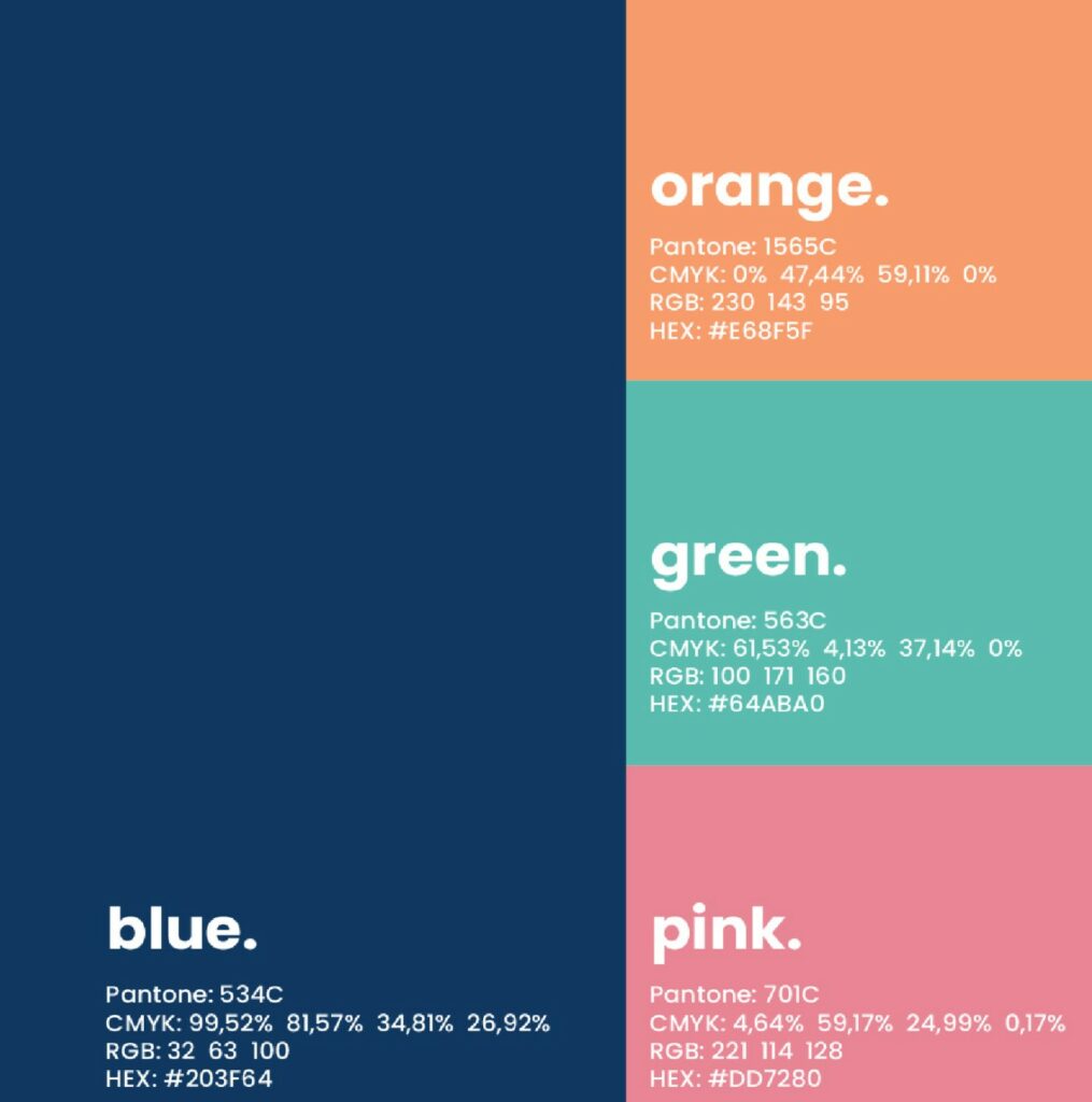 Paleta de color de la marca: azul, naranja, verde y rosa, con sus códigos Pantone, CMYK, RGB y HEX