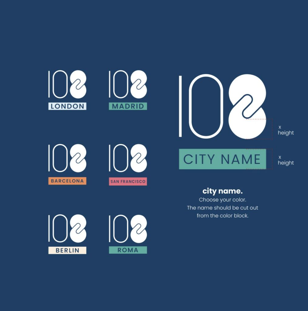 Variaciones del logotipo 108 por ciudad (Londres, Madrid, Barcelona, San Francisco, Berlín, Roma) y guía de uso del nombre de ciudad