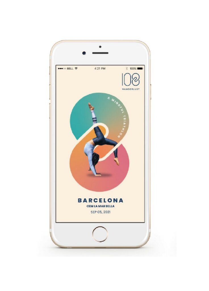Mockup de teléfono móvil mostrando la pantalla del evento Wanderlust 108 Barcelona con una ilustración de yoga