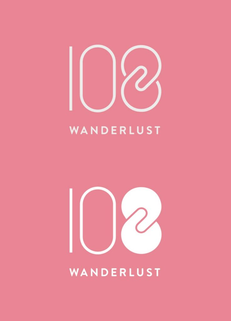 Fondo rosa con dos versiones del logotipo 108 Wanderlust, en contorno y en sólido