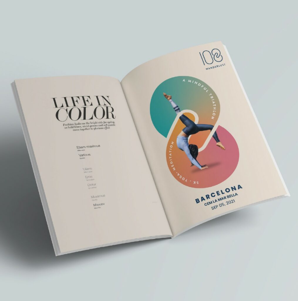 Revista abierta con la sección editorial "Life in Color" junto al cartel del evento de Barcelona