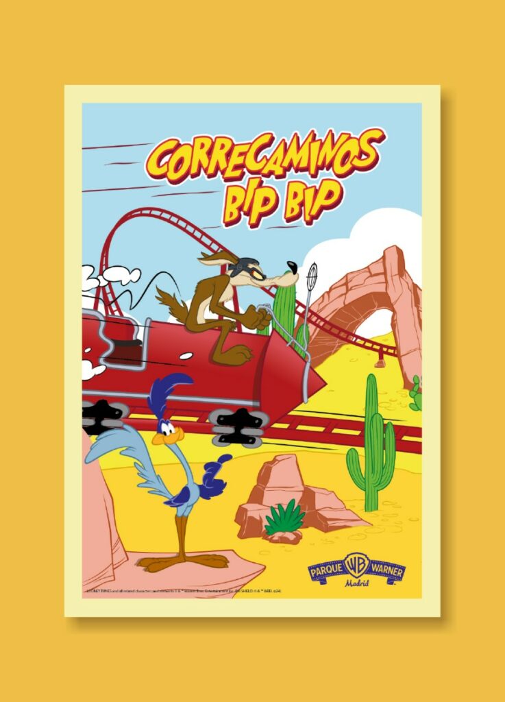 Cartel ilustrado "Correcaminos Bip Bip" con el Coyote y el Correcaminos en una montaña rusa del desierto