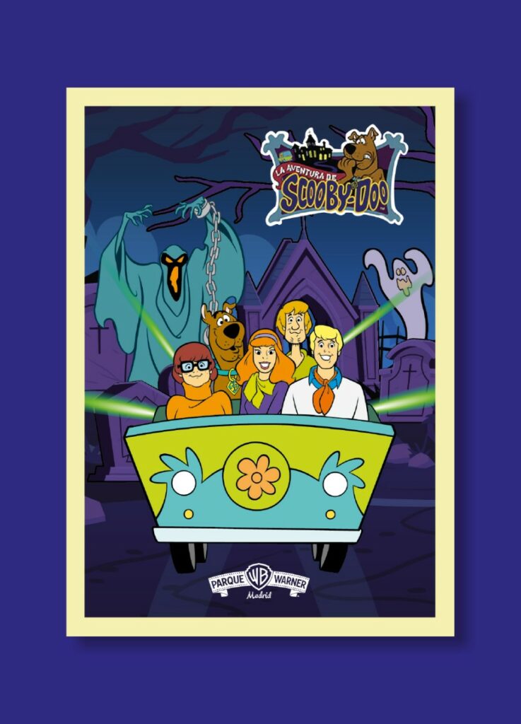 Cartel ilustrado de Scooby-Doo con la Máquina del Misterio y los personajes, ambientación de casa encantada