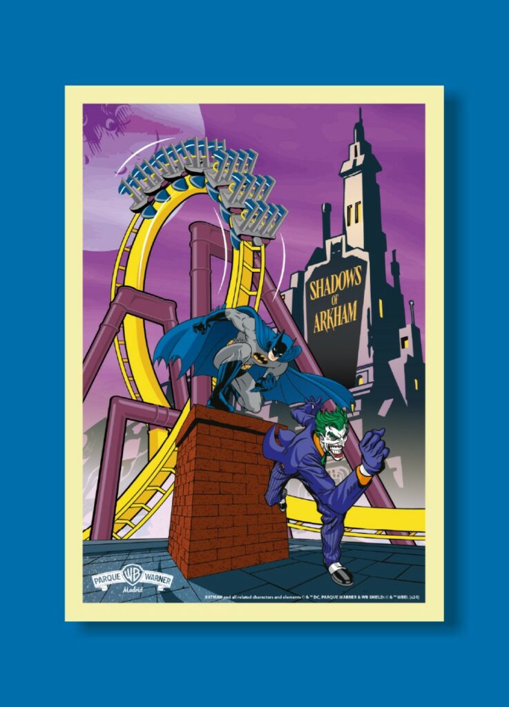 Cartel ilustrado "Shadows of Arkham" con Batman y el Joker sobre una montaña rusa con la ciudad de Gotham al fondo