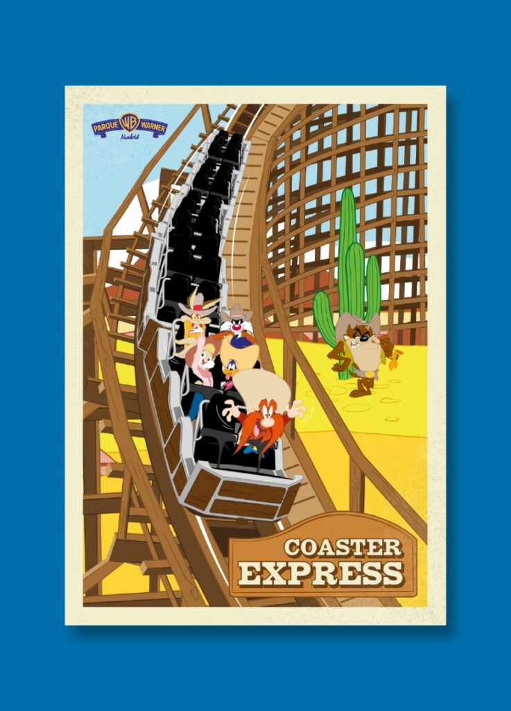 Cartel ilustrado "Coaster Express" con personajes del salvaje oeste en una montaña rusa de madera
