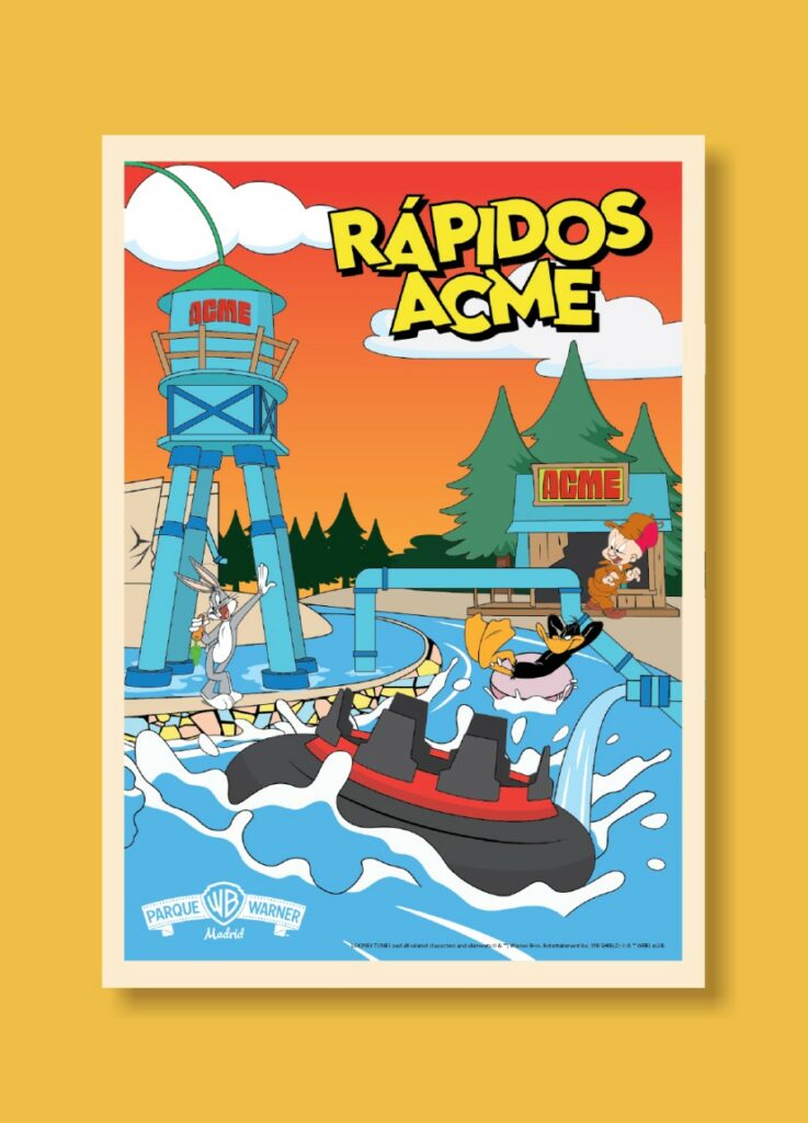 Cartel ilustrado "Rápidos ACME" con Bugs Bunny y Lucas el Granjero en una atracción acuática