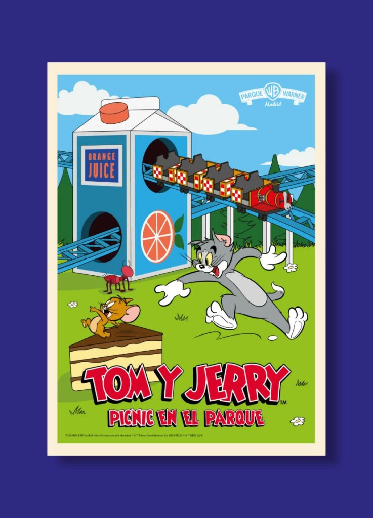 Cartel ilustrado "Tom y Jerry: Picnic en el Parque" con los personajes junto a una montaña rusa temática de zumo de naranja