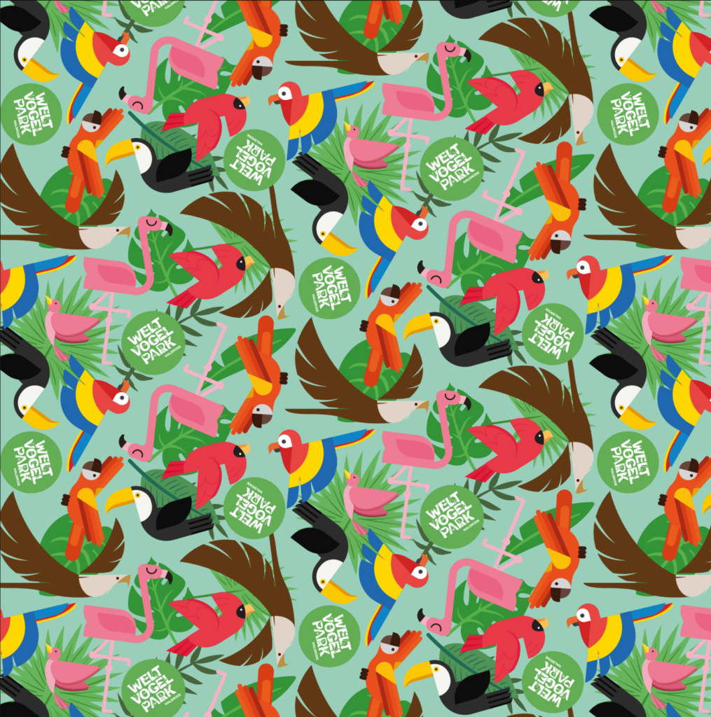 Patrón ilustrado de tucanes y loros de colores sobre ramas