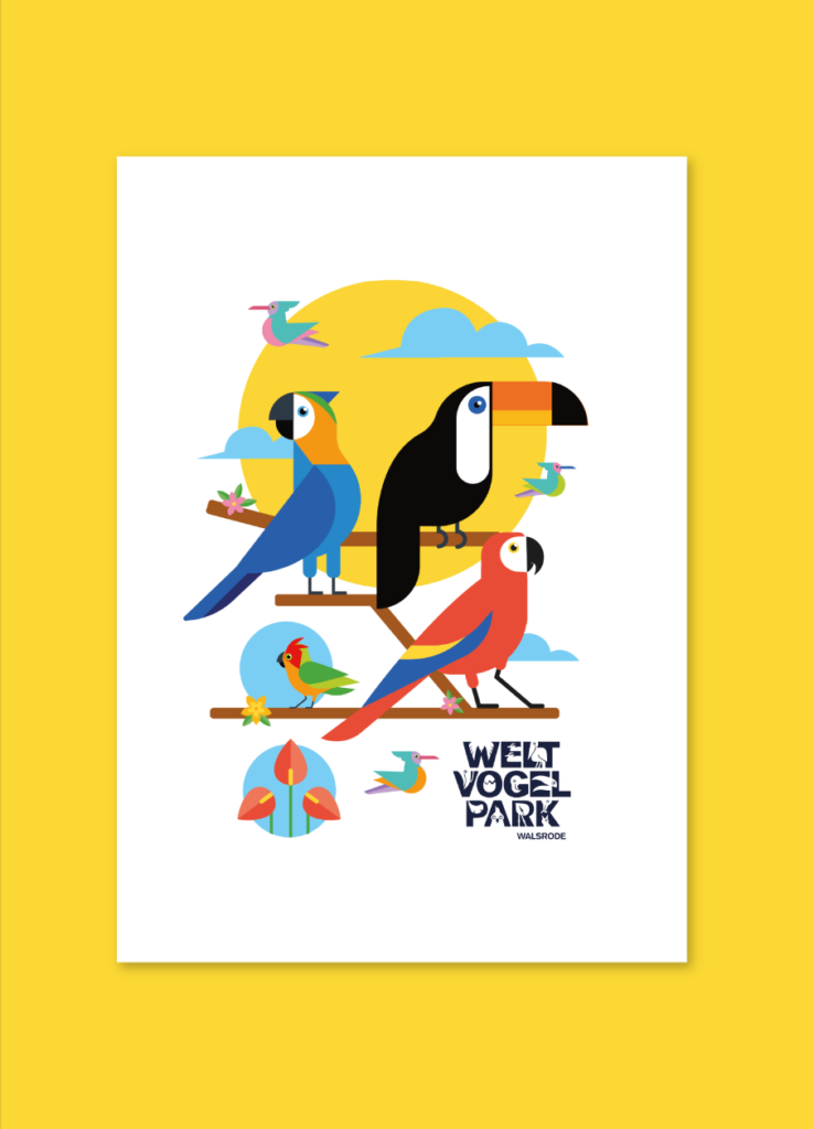 Cartel ilustrado de un tucán sobre fondo amarillo con el logotipo de Welt Vogel Park