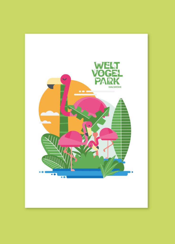 Cartel con el logotipo de Welt Vogel Park y una ilustración de flamenco entre plantas