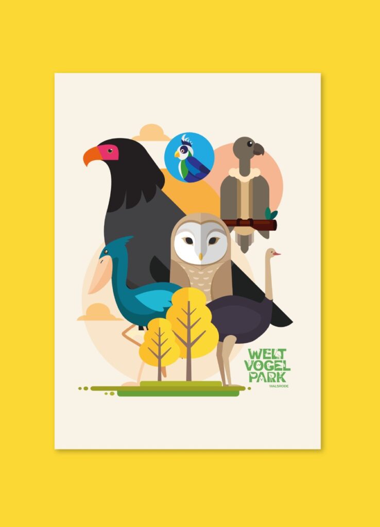 Cartel ilustrado de un grupo de aves junto a un iglú nevado