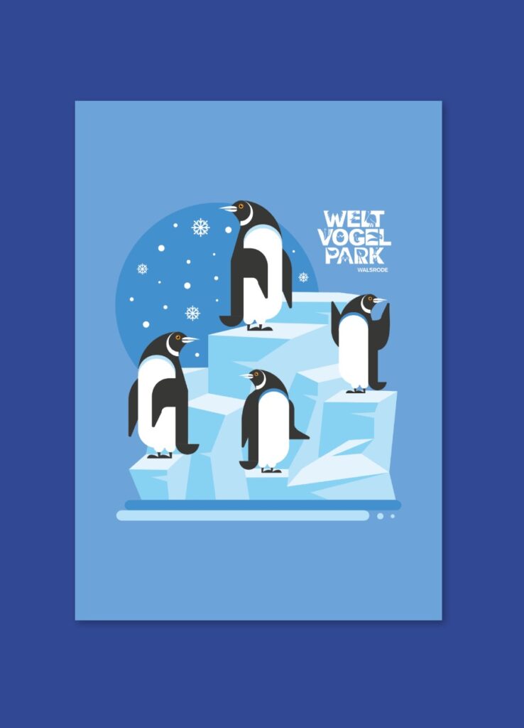 Cartel ilustrado de pingüinos en un paisaje invernal