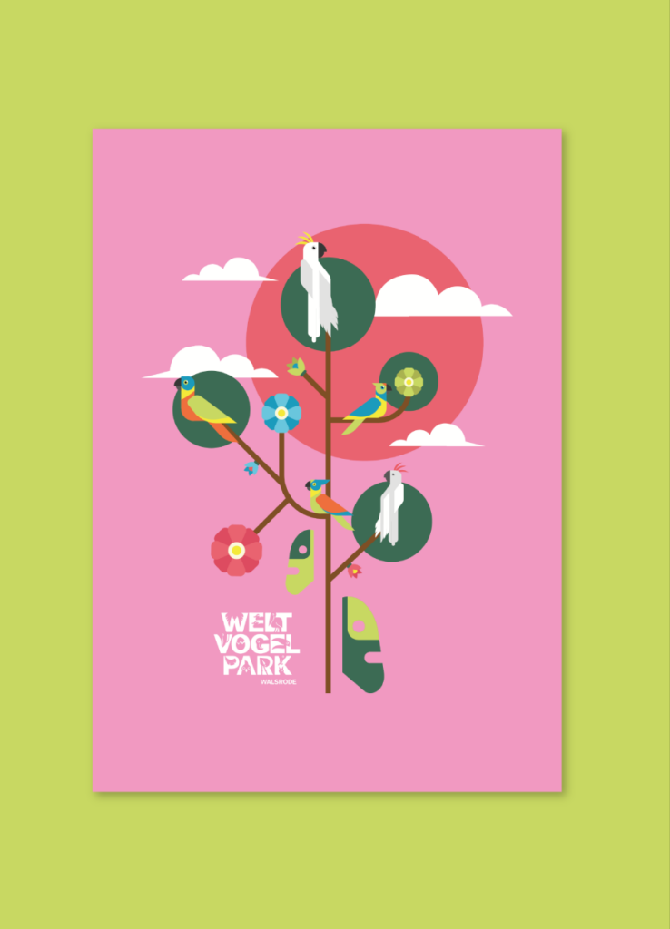 Cartel ilustrado de un ave junto a flores sobre fondo rosa