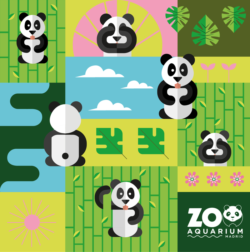 Ilustración en cuadrícula con pandas, bambú, nubes y flores en tonos verdes y rosas, con el logotipo Zoo Aquarium Madrid en la esquina