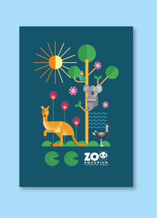 Cartel ilustrado de fauna australiana (canguro, koala, ñandú y lorito) sobre fondo verde oscuro, con el logotipo Zoo Aquarium Madrid