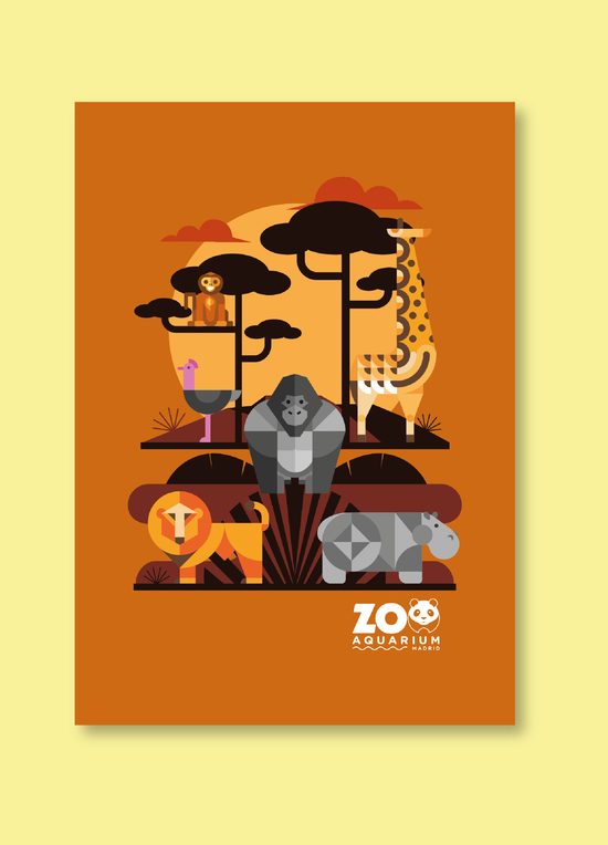 Cartel ilustrado de fauna africana (león, gorila, hipopótamo, jirafa y mono) al atardecer, con el logotipo Zoo Aquarium Madrid