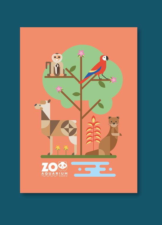 Cartel ilustrado de fauna selvática (mono, guacamayo, llama y nutria) sobre fondo coral, con el logotipo Zoo Aquarium Madrid