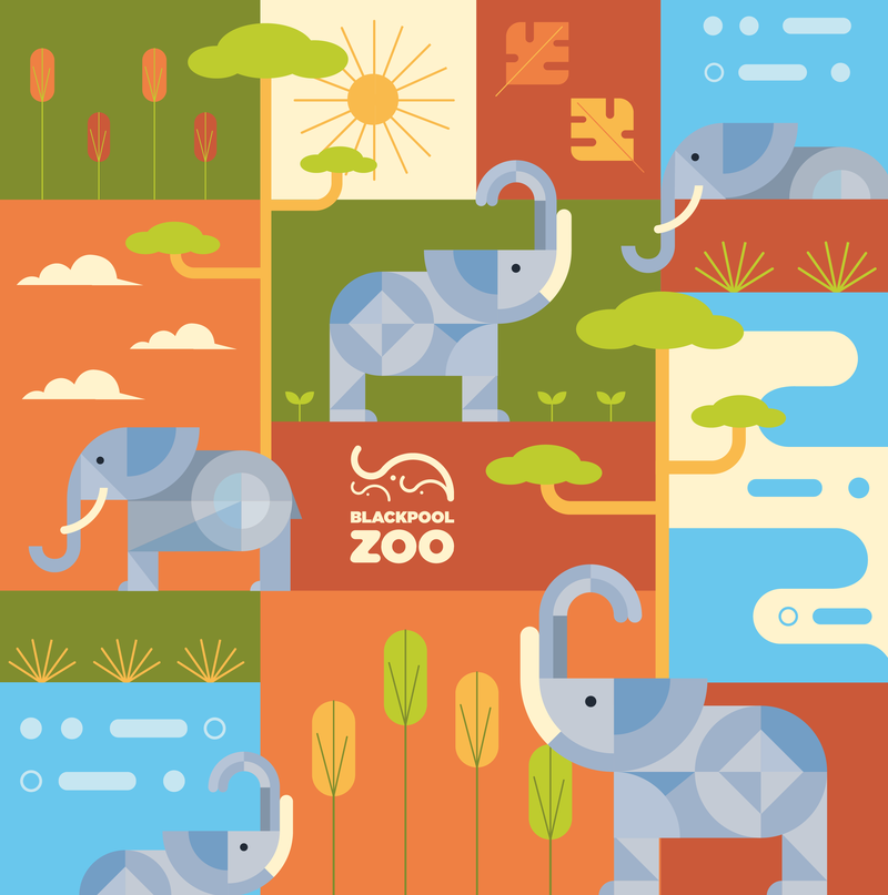 Patrón colorido de elefantes e iconos de la selva, con el logotipo de Blackpool Zoo