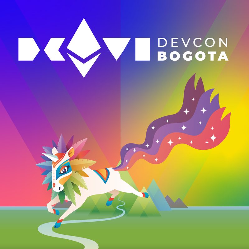 Cartel "Devcon Bogotá" con una criatura fantástica de melena colorida sobre un fondo degradado en arcoíris