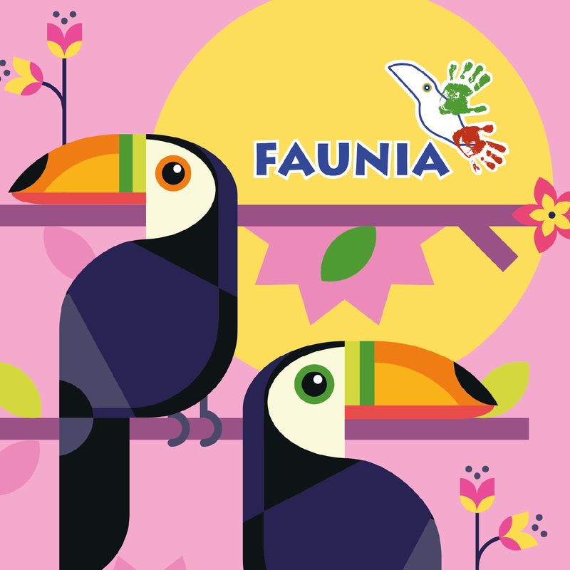 Ilustración de dos tucanes junto al logotipo de Faunia, con flores y hojas tropicales sobre fondo rosa