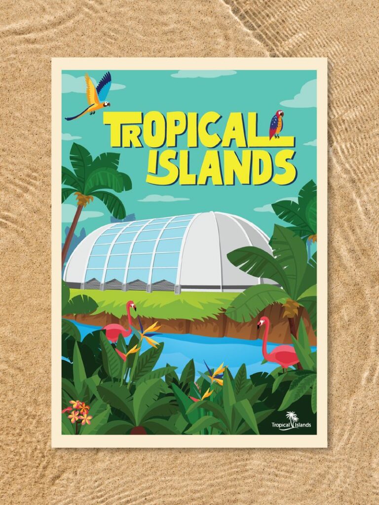 Cartel ilustrado "Tropical Islands" con flamencos, palmeras y una cúpula geodésica