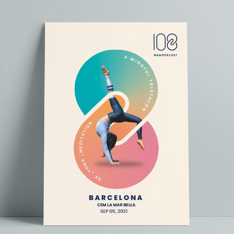 Cartel "108 Wanderlust" con una mujer haciendo una postura de yoga sobre un emblema en forma de 8 degradado, Barcelona