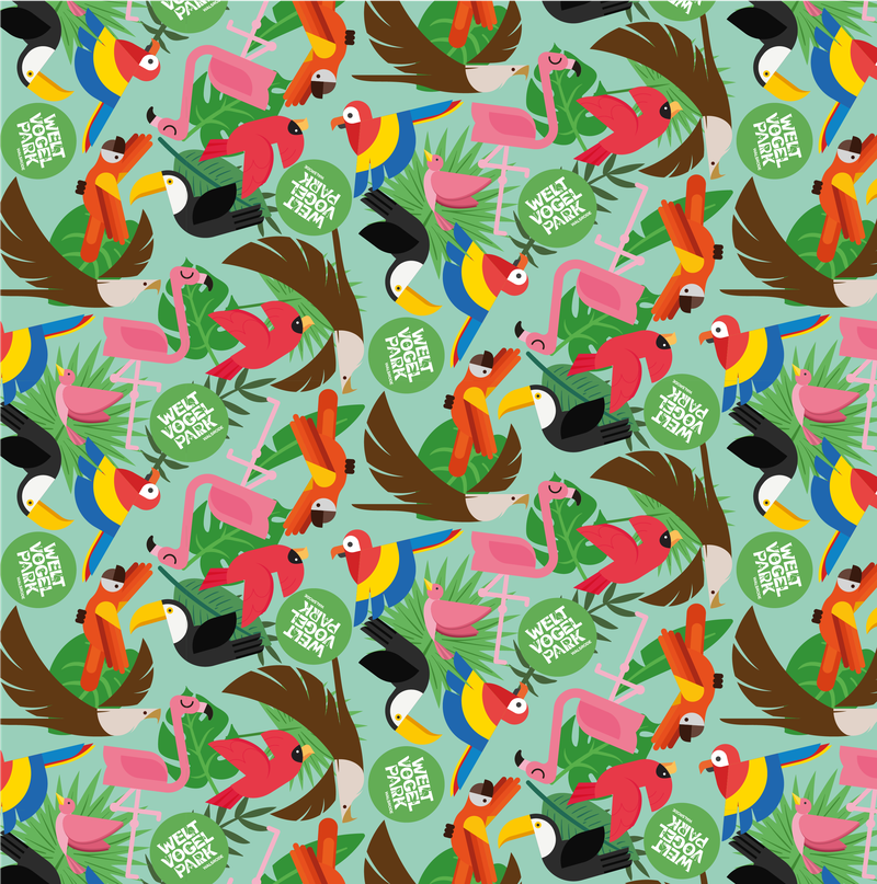 Patrón ilustrado de tucanes y loros de colores sobre ramas, con el logotipo de Welt Vogel Park