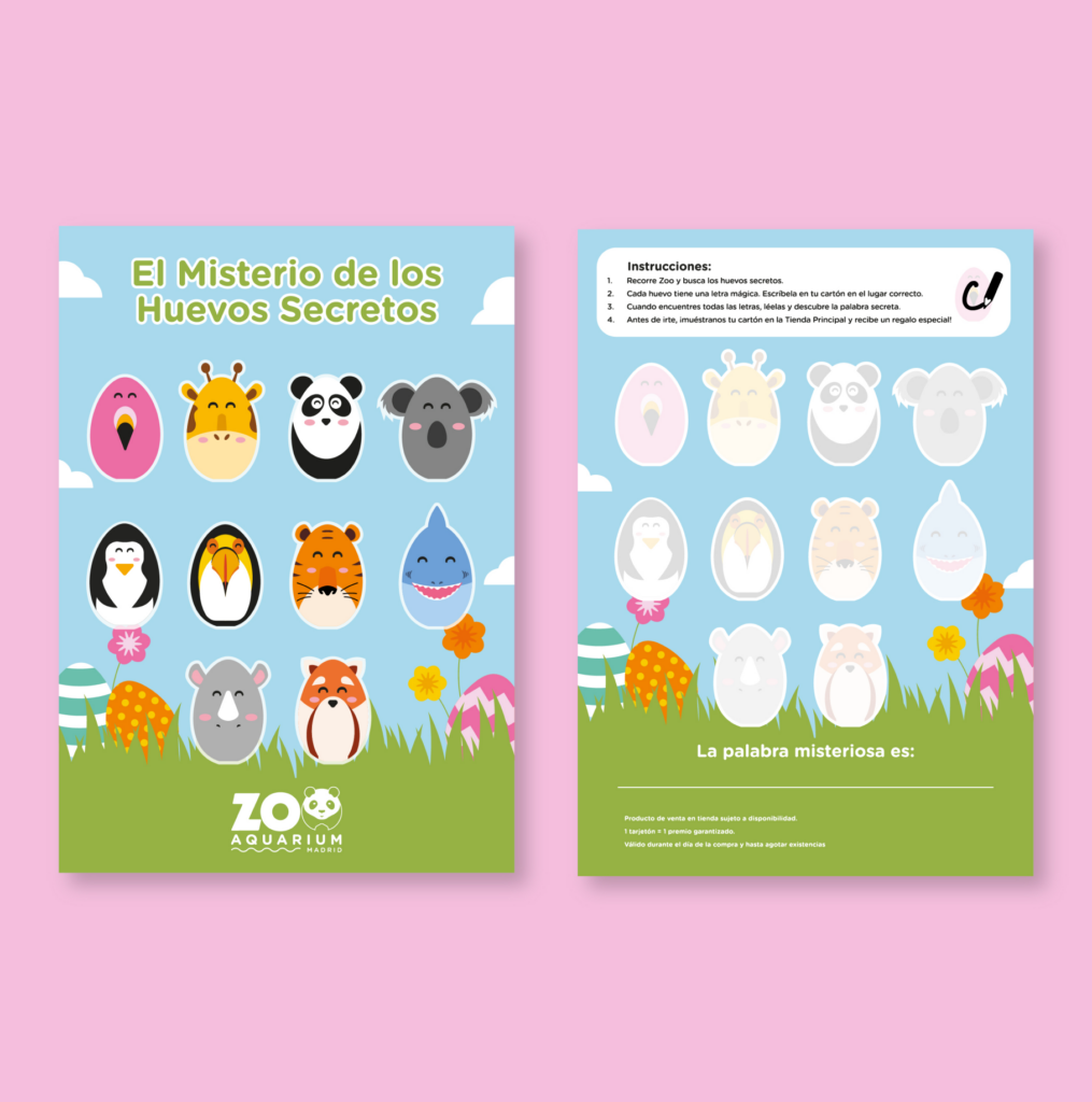 Cartón de la actividad, anverso y reverso: portada con los 12 huevos de animales y, detrás, instrucciones del juego y casillas para escribir la palabra secreta
