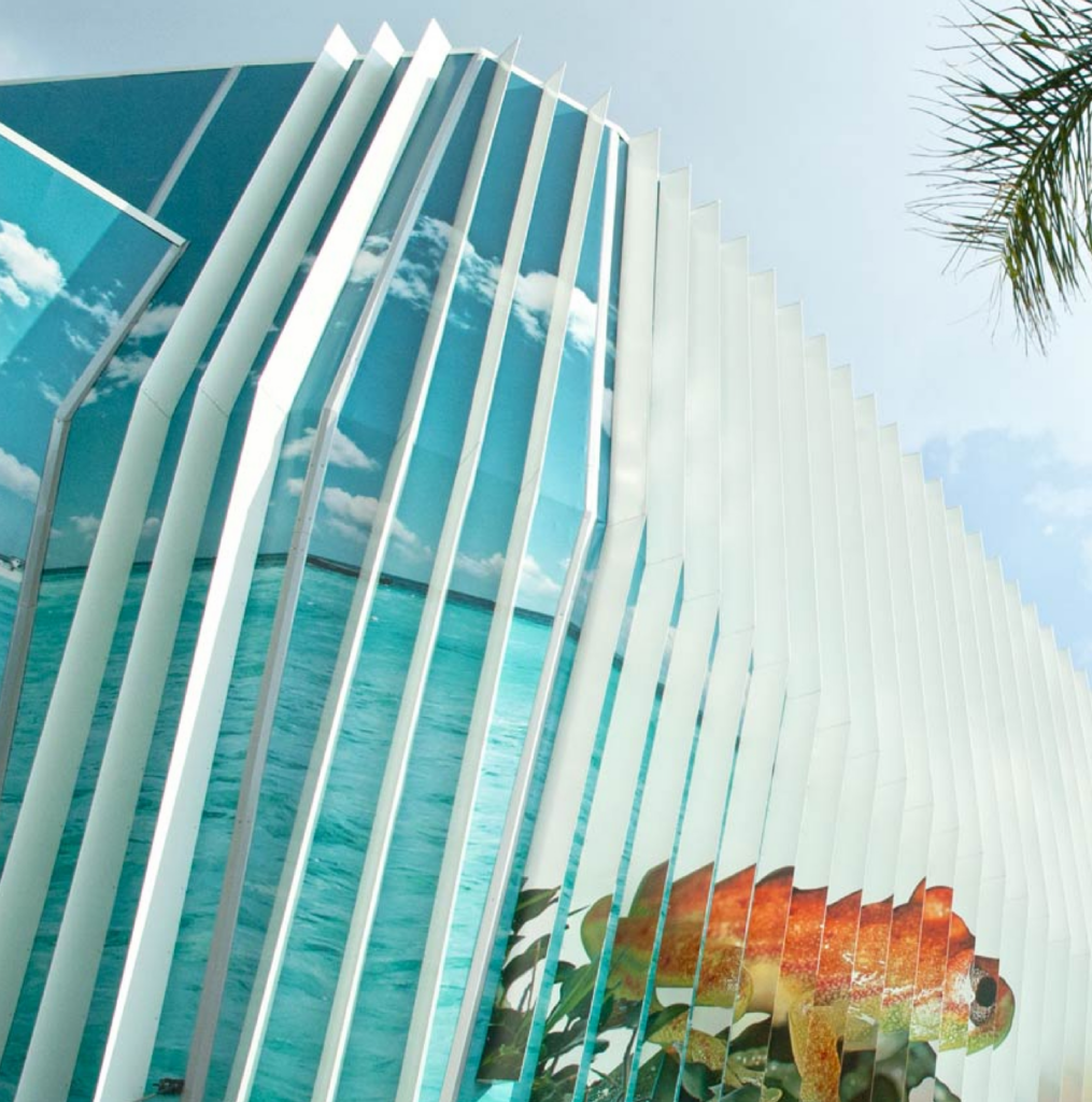 Detalle de la fachada desde un ángulo inferior, con imágenes de cielo y mar y una tortuga marina entre los paneles
