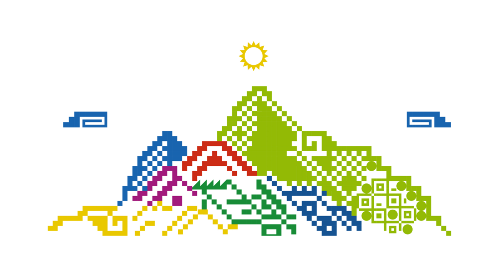 Ilustración en pixel art de una montaña multicolor, representando el Meandro Escalonado y la geografía de Perú